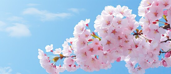 Sakura blossoms create a beautiful floral background against the backdrop of a blue sky offering a perfect copy space image