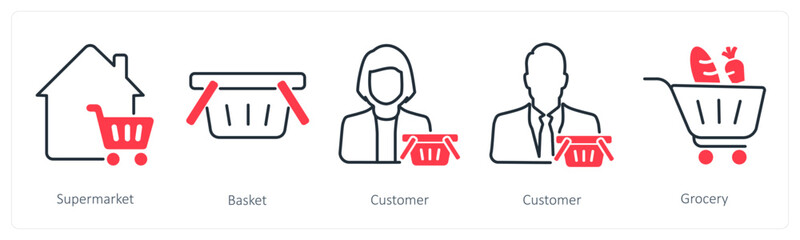 A set of 5 Shopping icons as supermarket, basket, customer