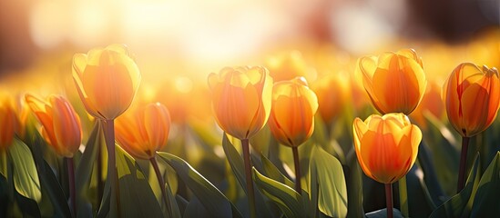 A close up image of vibrant tulips blooming under the sun s warm rays offering a picturesque scene with ample space for text