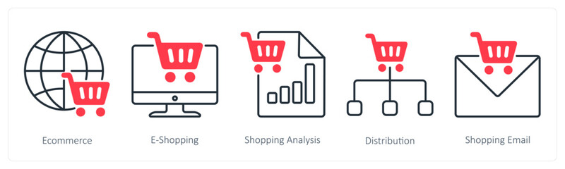 A set of 5 Shopping icons as ecommerce, e-shopping, shopping analysis