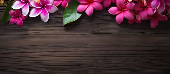 A copy space image of magenta plumaria on a vintage wood background adds a touch of pink spa flowers to the scene