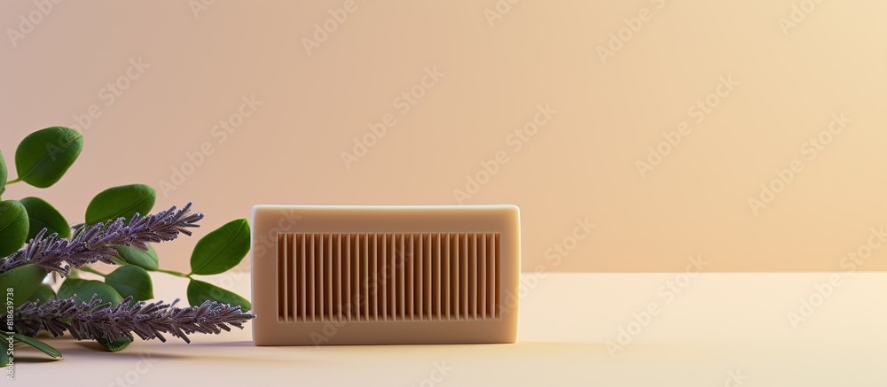 Aufkleber an image with a solid shampoo bar a comb and a dry lilac is placed on a beige background for a copy 