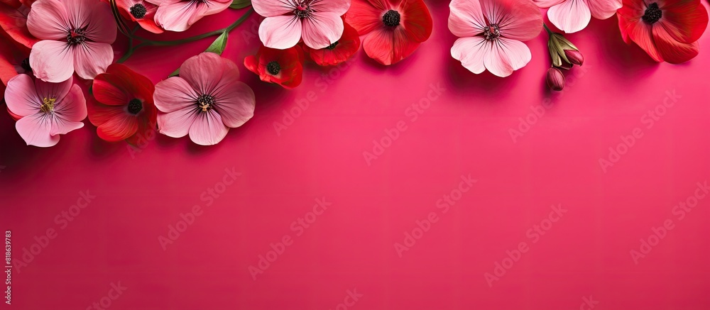 Poster a visually appealing copy space image consists of adorable pink flowers placed on a vibrant red back