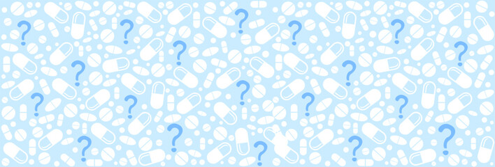 Medicine background with pills and Question mark. needed medicine and medication or cure concept. Good for textile fabric design, wrapping paper, website wallpapers, textile, Vector Illustration
