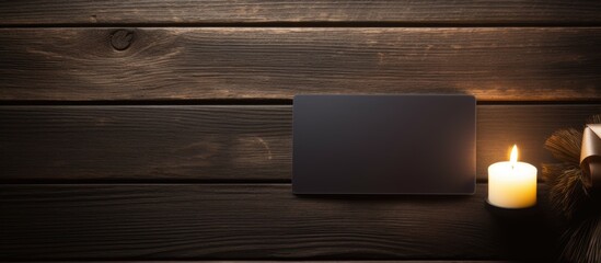 On a dark wooden table there is a carbon soap placed next to an empty gift card creating a visually appealing copy space image