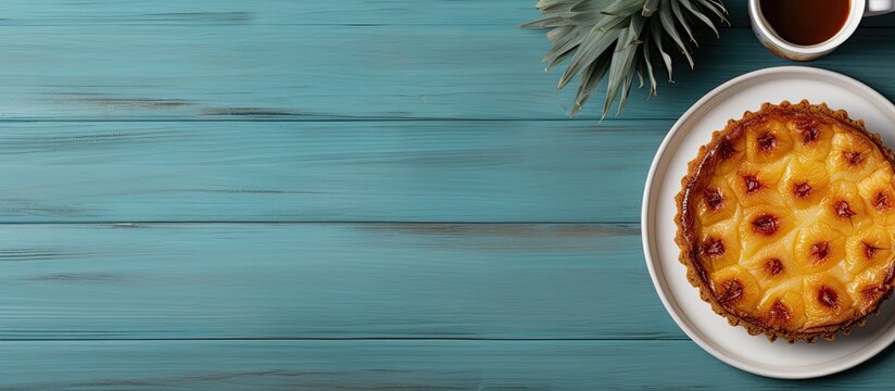 A pineapple pie sits in a ceramic dish on a light blue wooden surface accompanied by a cup of coffee The image provides ample copy space