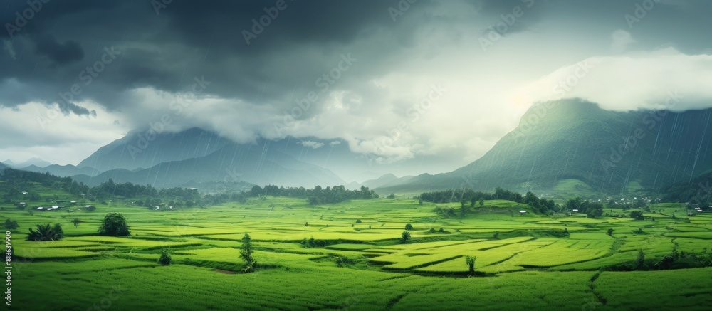 Poster copy space image of a picturesque green field with a majestic mountain as a backdrop amidst cloudy a