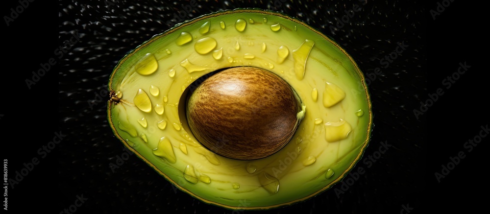 Poster Top view of a sliced ripe avocado on a black background with ample copy space for text