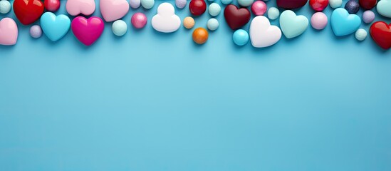 A love themed flat lay concept with small colorful balls arranged around the copy space on a blue background