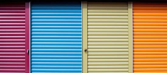 Copy space image of a close up view of a colorful roller shutter or door captured from the exterior perspective