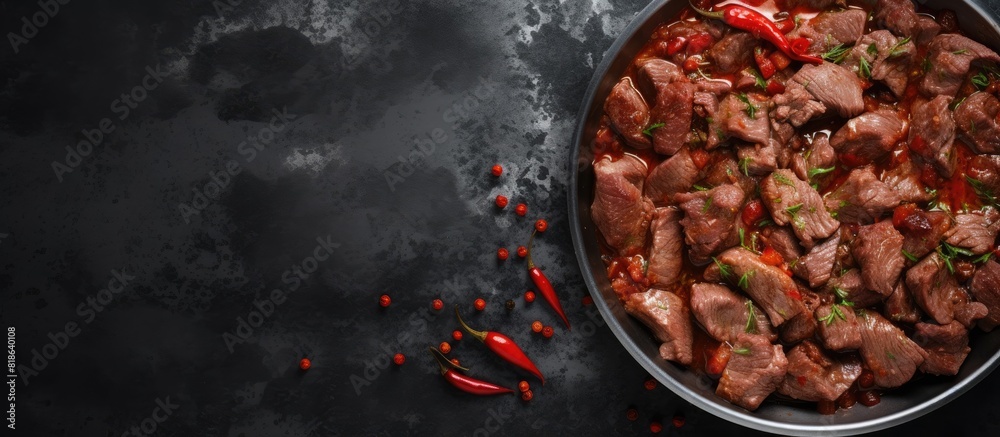 Aufkleber A top view of a pan with canned stewed horse and beef meat set against a gray background with copy space for additional elements