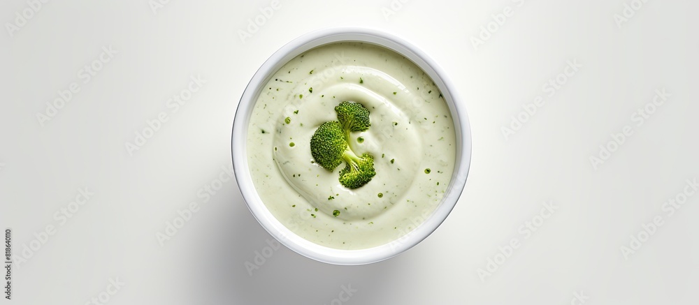 Aufkleber A top down view of broccoli cream soup on a white surface with ample space available for text or captions to be added