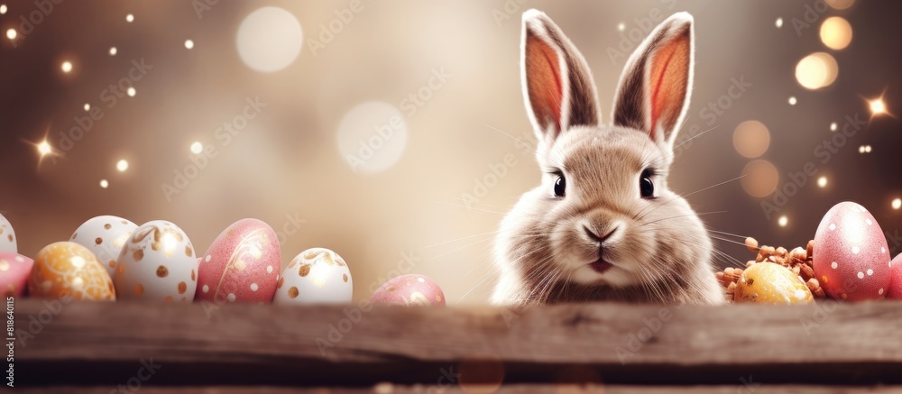 Leinwandbilder easter bunny smiling with chocolate easter eggs in a wooden box against a silver bokeh background cr