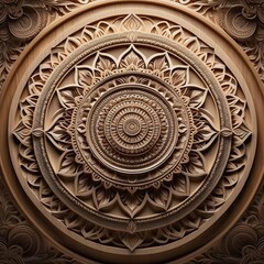 circular wooden carving with intricate patterns and designs, wooden mandala. concepts: woodworking, art, interior design, book cover, traditional crafts or woodworking techniques, carpentry workshops
