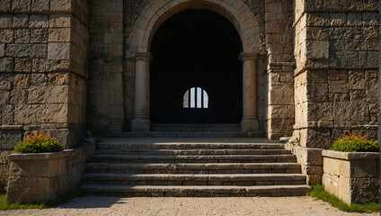 There is a slightly open arched doorway made of stone with stairs leading up to it. The stairs are flanked by two planters with red flowers.

