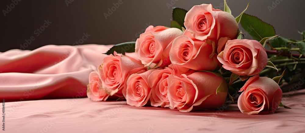 Poster a beautiful bouquet of roses placed on a mat with a copy space image in the background