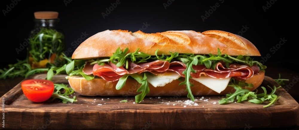 Poster delicious prosciutto and basil sandwich displayed on a rustic wooden board with ample copy space for