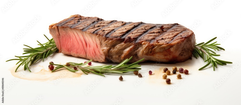 Poster A slice of grilled juicy beef and pork steak placed on a white background with room for other elements in the image. Creative banner. Copyspace image