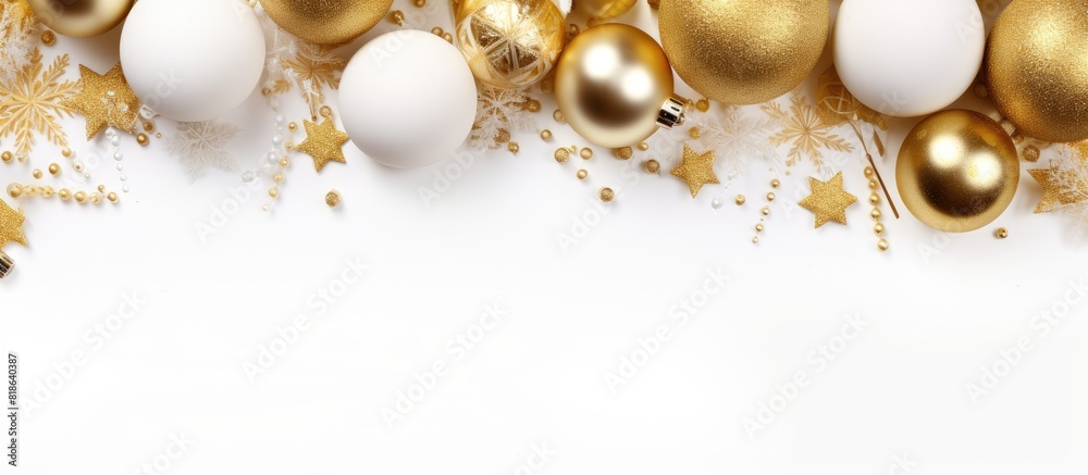 Aufkleber a frame composition for christmas or new year featuring gold colored decorations on a white backgrou