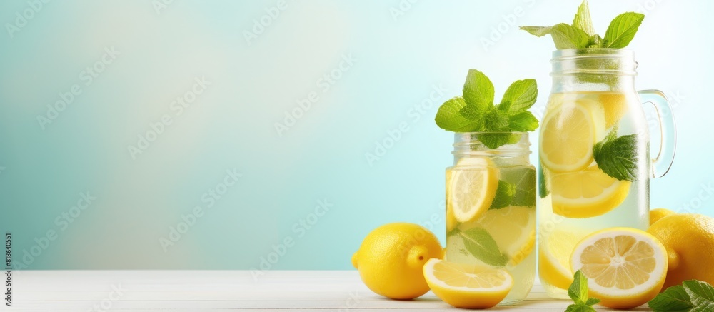 Poster lemonade with soda water lemon and mint leaves in a jar on a light background includes copy space im