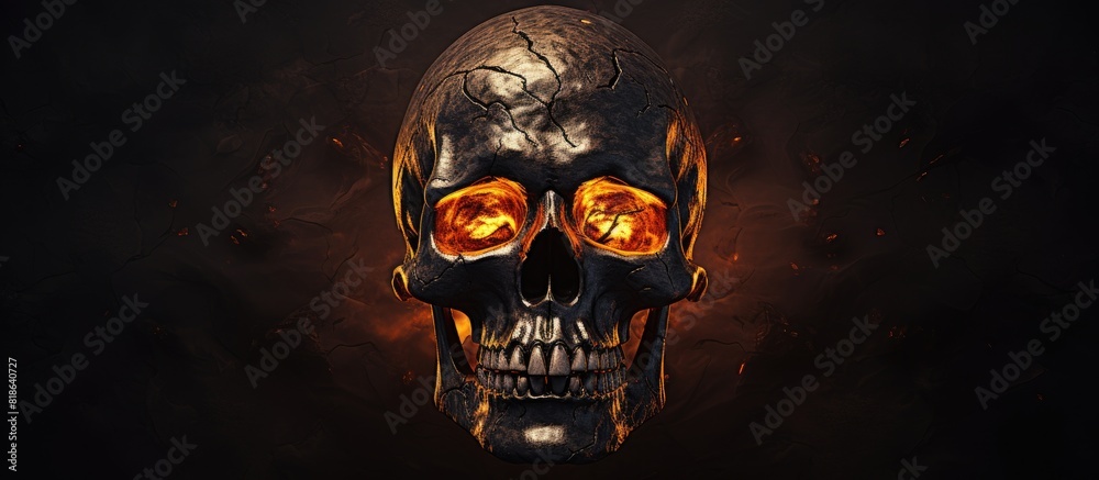 Poster a spooky halloween skull is depicted against a dark background with plenty of empty space surroundin