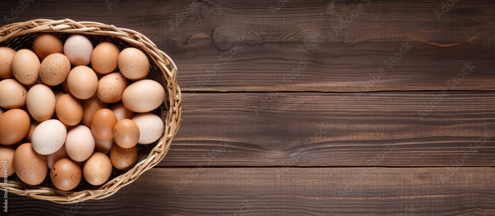 Aufkleber Top view of a wooden table with a wicker basket containing raw chicken eggs Plenty of space available for adding text. Creative banner. Copyspace image