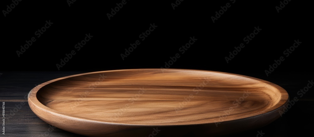 Poster Copy space image of a wooden plate void of any food placed against a backdrop of pure black
