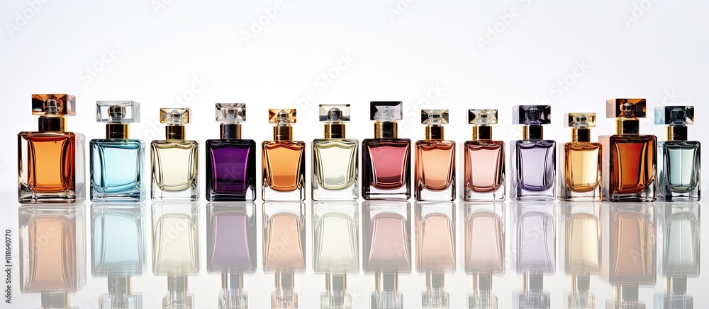 Aufkleber Premium collection of perfume bottles showcased on a white background with a reflective surface creating a copy space image