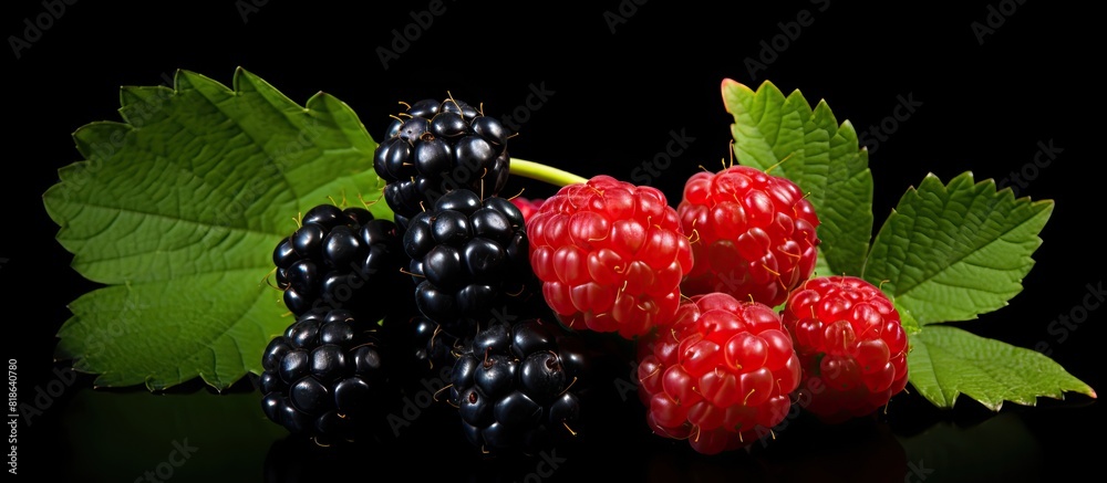 Poster Copy space image of raspberries and red currant with green leaves set on a black background complemented by red and blue berries