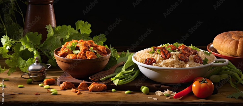 Poster a healthy fresh meal is displayed on the table with a copy space image of rice meat jambalaya and a 