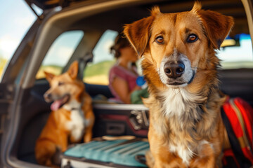 Dog sitting in the car trunk with suitcases being