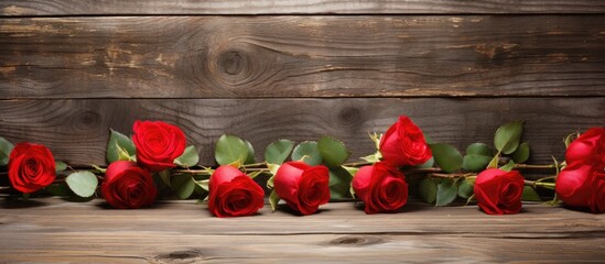 A romantic Valentine s Day scene featuring red roses arranged on a rustic shiplap board perfect for adding personalized messages. Creative banner. Copyspace image