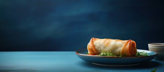 Chinese spring roll on a blue plate with copy space image