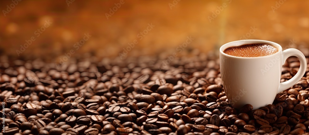 Aufkleber a coffee mug placed on a coffee bean textured background with copy space image