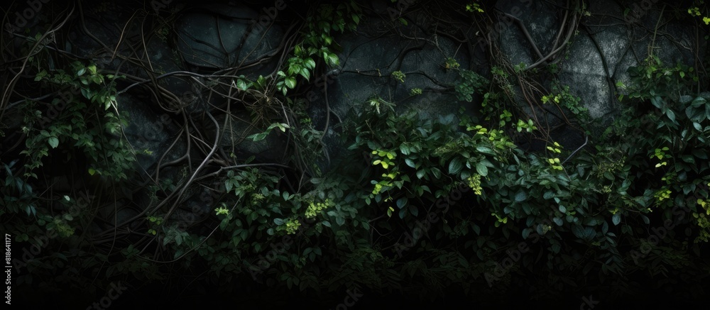 Poster A wall covered in branches and foliage with a play of light and dark creating intriguing patterns Copy space image