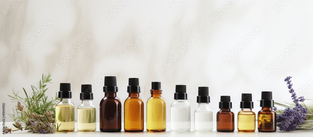 Poster copy space image featuring a composition of essential oil bottles on a light background