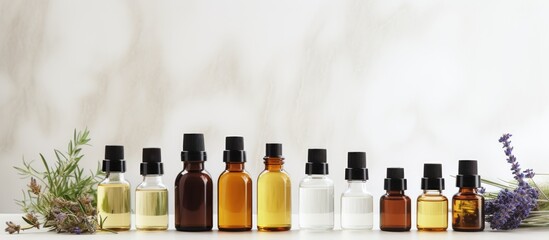 Copy space image featuring a composition of essential oil bottles on a light background