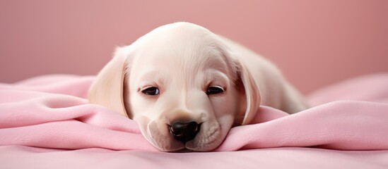 Copy space image of a slumbering Labrador puppy against a backdrop of soft pink