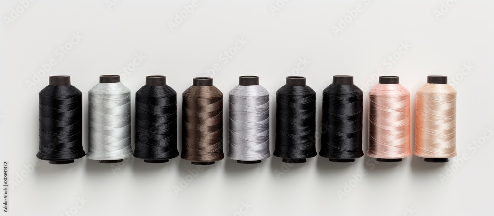Poster A close up top view of a set of sewing threads on a white background displaying a gradient of gray colors Ample copy space image
