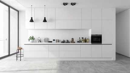 Minimalist Kitchen clean white walls, minimalist cabinetry and a sleek countertop