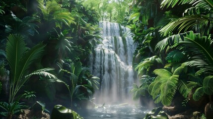 Exploring a hidden waterfall deep in the jungle, with cascading streams and lush vegetation.