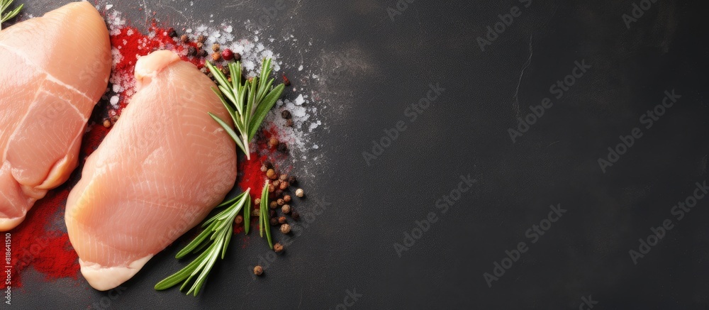 Poster top view of raw uncooked chicken breasts with cooking ingredients on a grey concrete background a pe