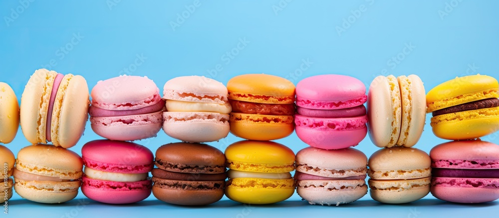 Poster a copy space image of vibrant macaroons against a bright backdrop