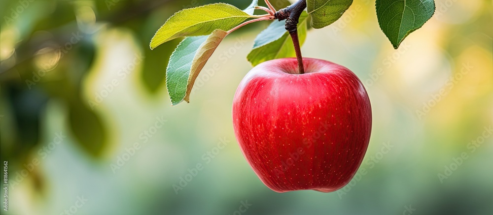 Poster close up of a red ripe apple hanging from a branch in the garden with copy space image