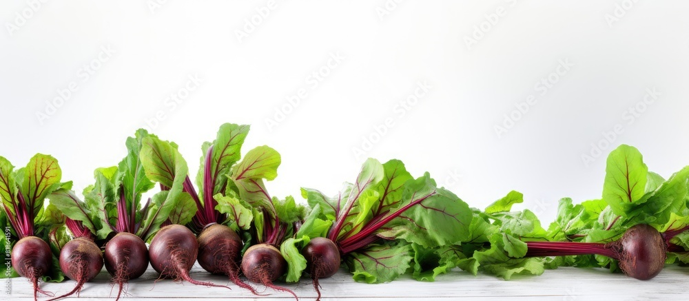 Poster Beetroot plants arranged on a white wooden table with ample empty space around them for a copy space image