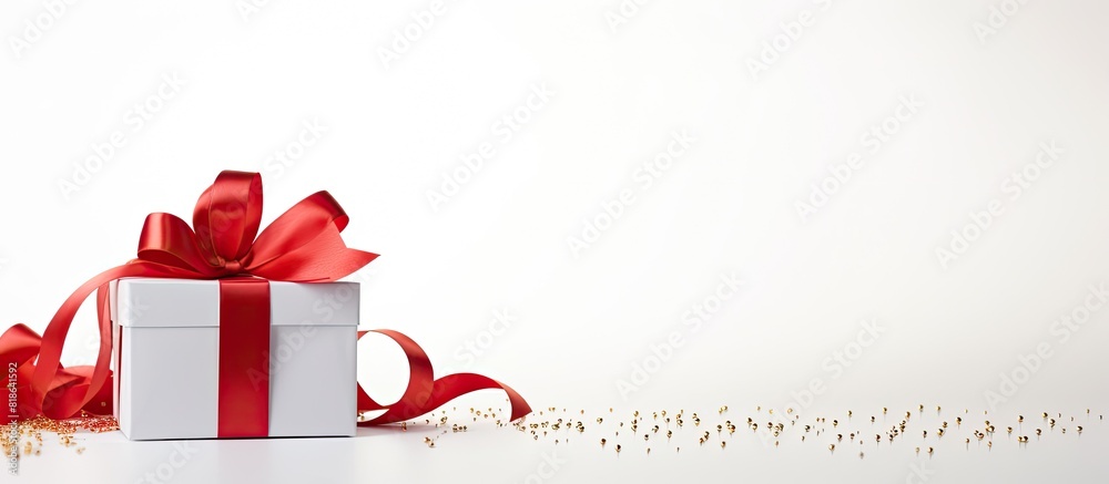 Poster A white background hosts an elegant gift box adorned with a vibrant red ribbon creating a stunning copy space image