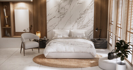 Bedroom minimal Modern wall and wooden tiles floor.