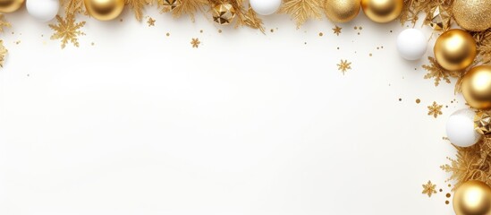 A festive holiday decoration featuring a golden square frame with a Christmas pattern on a white background Perfect for greeting cards. Creative banner. Copyspace image - Powered by Adobe