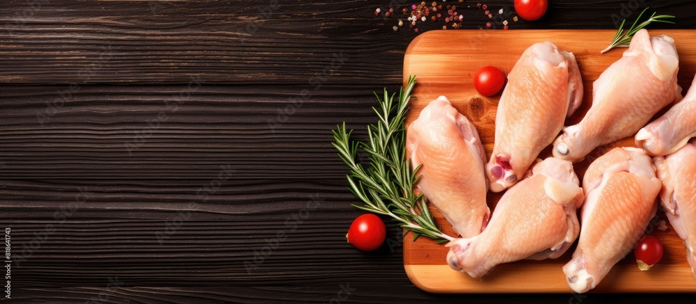 Aufkleber A top down view of raw chicken legs or drumsticks on a cutting board with sufficient space for text or graphics. Creative banner. Copyspace image