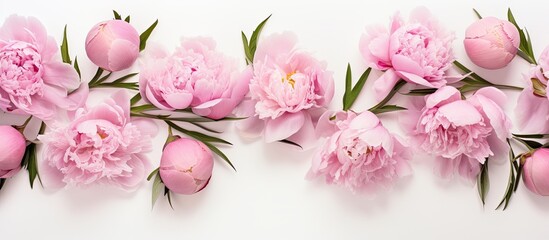 Fototapeta premium A top down view reveals lovely pink peonies set against a pristine white background creating a copy space image